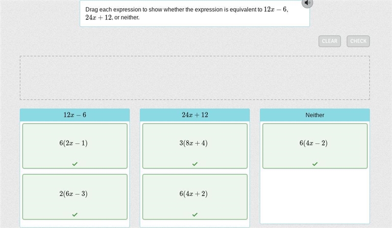 Drag each expression to show whether it is equivalent to 6(4x−1), 24x+6, or (4⋅6x-example-1