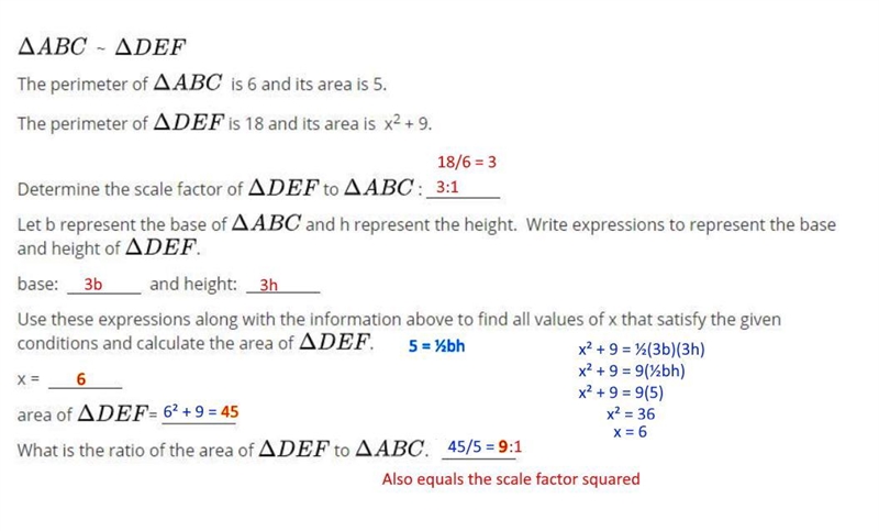 △ ABC ~ △DEF The perimeter of △ ABC is 6 and its area is 5 The perimeter of △DEF is-example-1