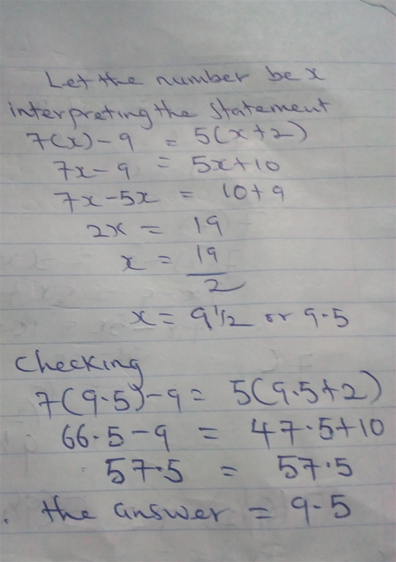 The difference between seven times a number and 9 is equal to five times the sum of-example-1