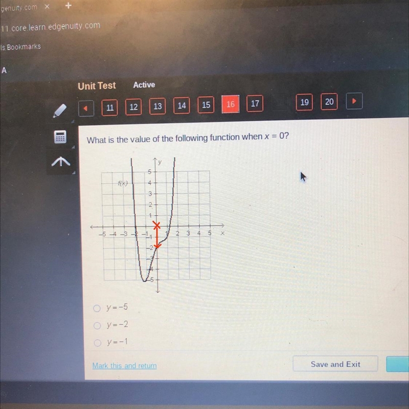 What is the value of the following function when x = 0? y=-5 y=-2 y=-1 y=0-example-1