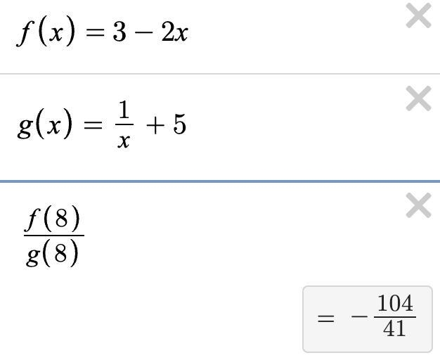 F(x) = 3 - 2x and g(x) = 1/X+5 what is the value of (f/g)(8)-example-1