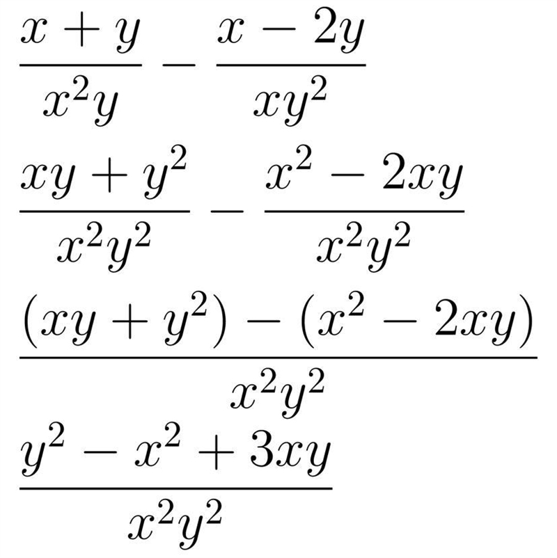 Simplify. (x+y)/(x^2y)-(x-2y)/(xy^2)-example-1