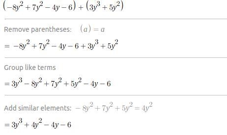 Add. (-8y2 + 7y? - 4y - 6) + (3y + 5y3) us.-example-1