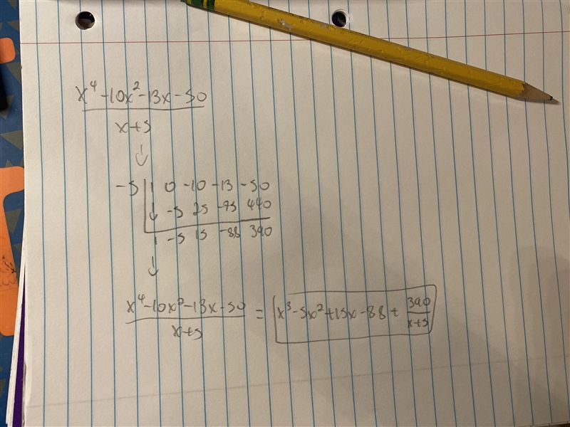 Use synthetic division to find the result when x^4-10x^2 - 13x-50 is divided by X-example-1