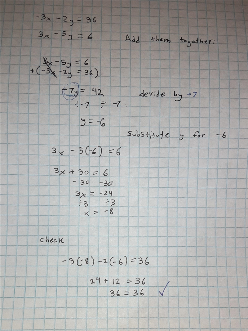 Find the solution of the system of equations. -3x – 2y = 36 3х – 5y = 6​-example-1