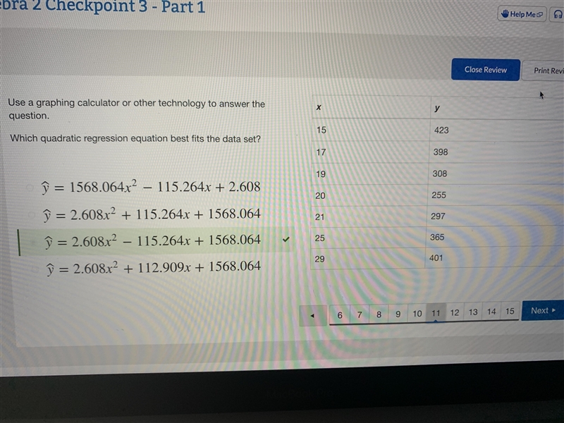 Which quadratic regression equation best fits the data set? O = 2.608x2 +115.265z-example-1