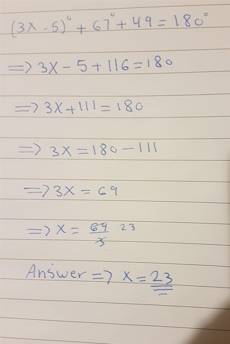 The measures of the angles of a triangle are shown in the figure below. Solve for-example-1