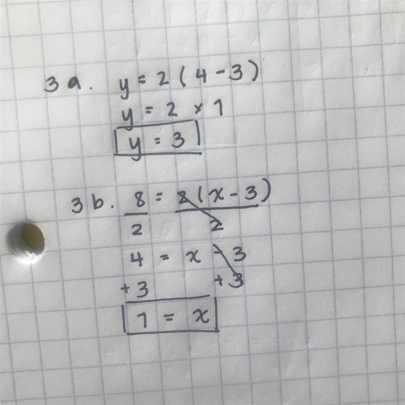 3. Solve y = 2(x - 3) when: a. X = 4 b. y = 8​-example-1