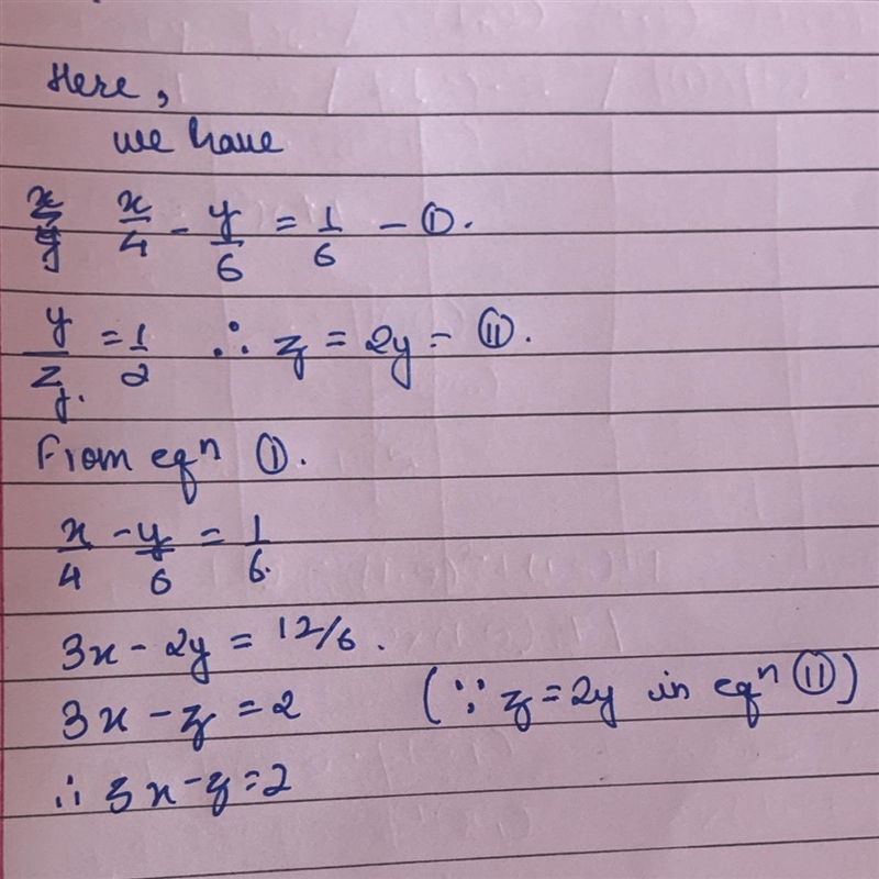 If x/4-y/6=1/6 and y/z=1/2, then what is the value of 3x-z? A. 4 B.6 C. 3 D. 2 E. None-example-1