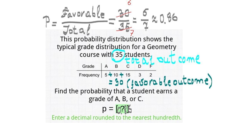 Find the probability that a student earns a grade of A,B, or C P=-example-1