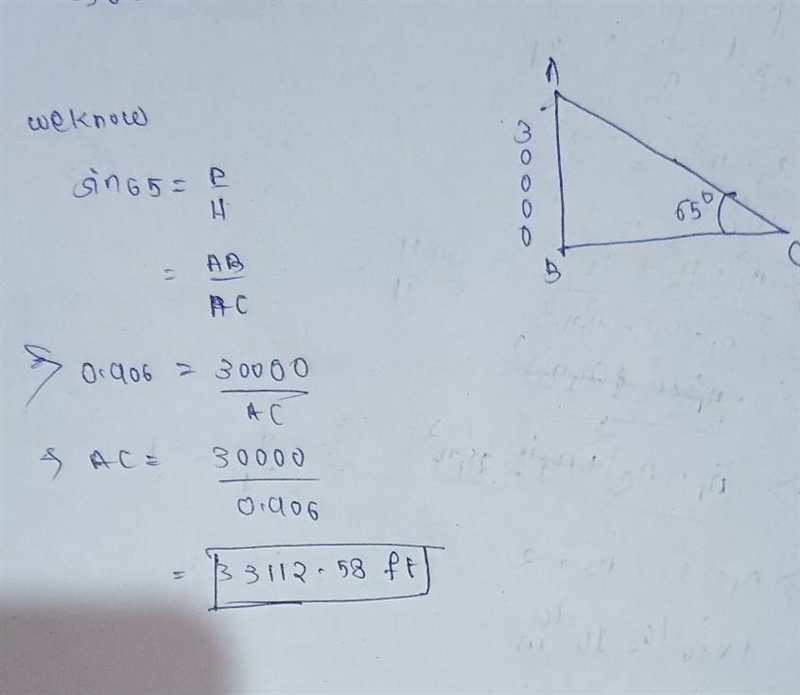 A plane is flying over your head at 30, 000 feet. You calculate the angle of elevation-example-1