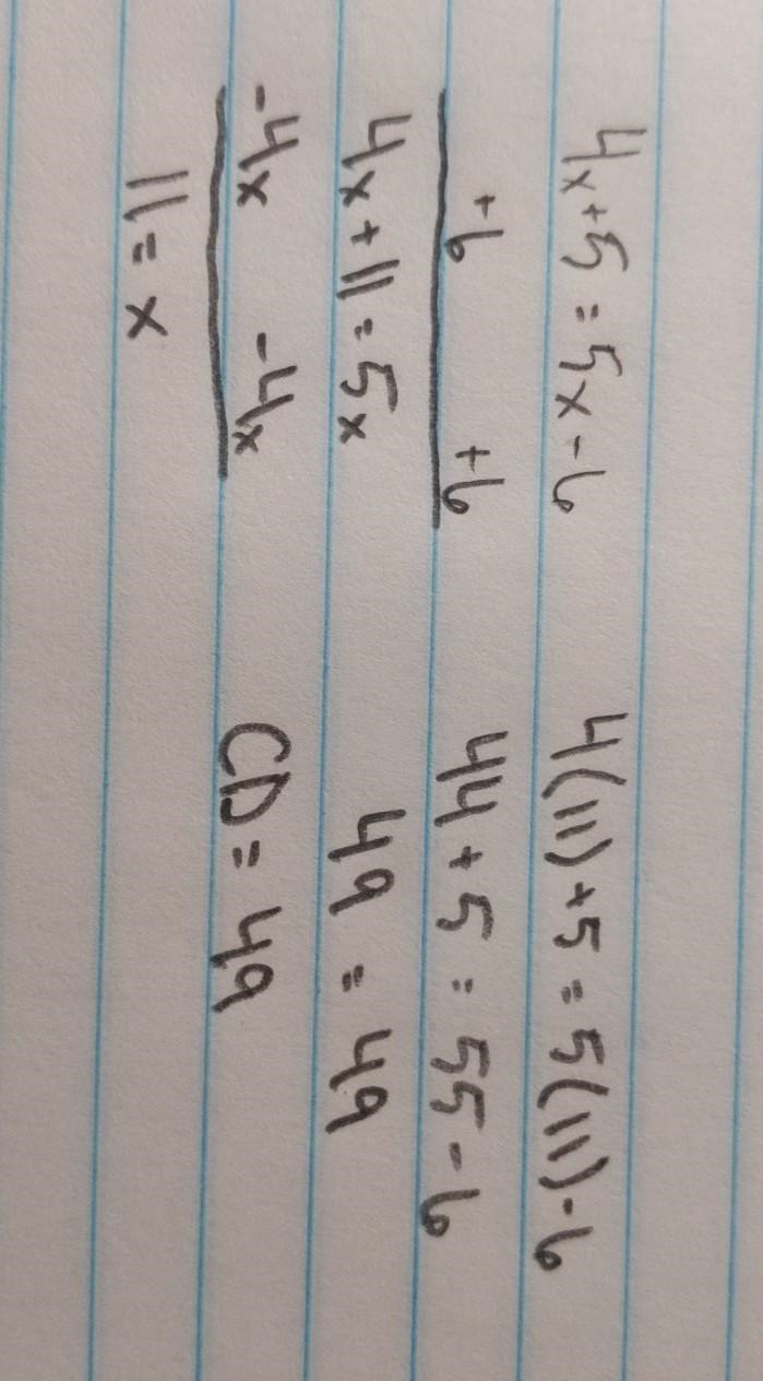 1. If AB = 4x+5 and CD = 5x-6, find CD.-example-1