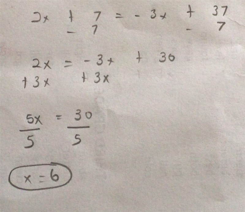 What is the answer to 2x+7=-3x+37​-example-1