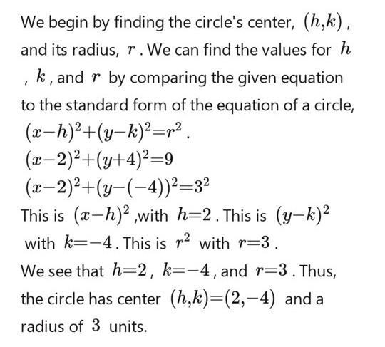 Find the radius of the circle whose equation is (x - 2)2 + (y - 4)2 = 9.-example-1