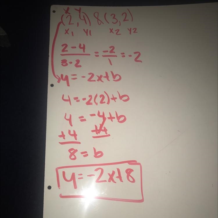 Find the equation of the line passing through the points (2, 4) and (3, 2).​-example-1