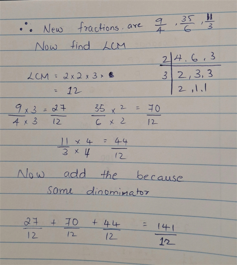 Add the fractions and simplify the 2 1/4 + 5 5/6 + 3 2/3-example-2