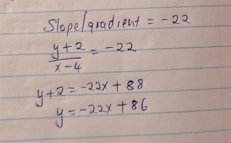 What is the equation of the line that passes through the point (4, -2) and has a slope-example-1