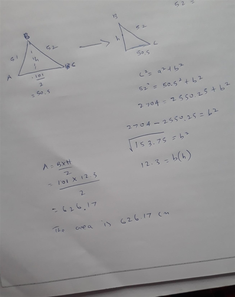 In A ABC, AB = 51 cm, BC = 52 cm and CA = 101 cm, then find the area of A ABC,​-example-1