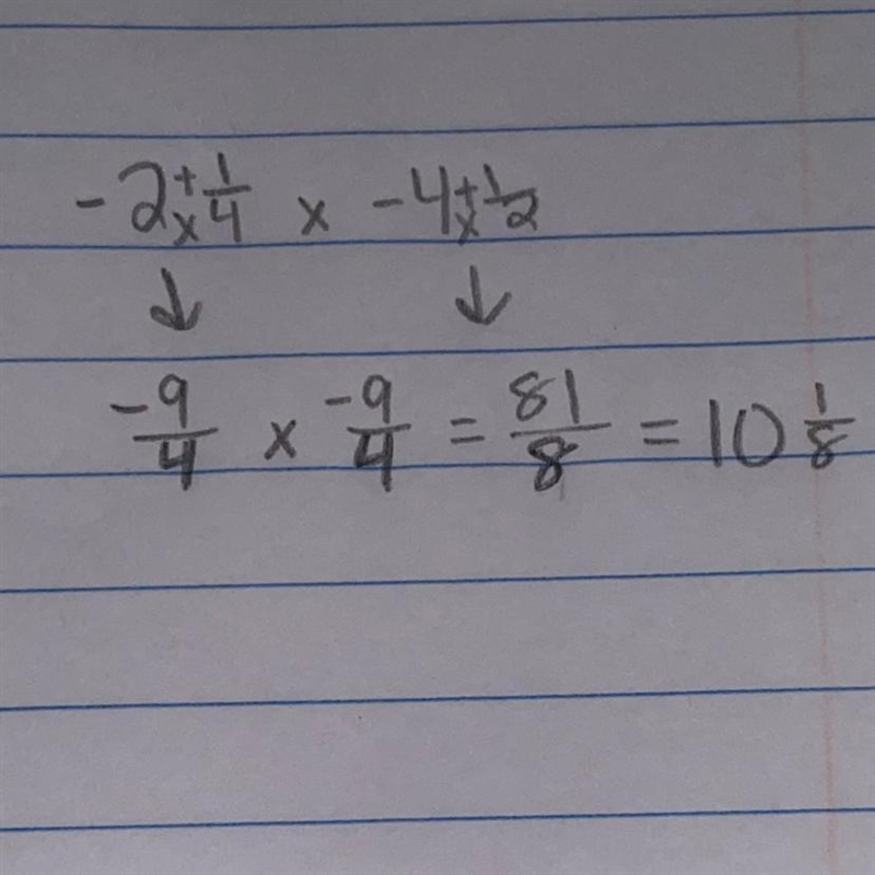 What is the product of -2 1/4 and -4 1/2 Enter your answer as a mixed number, in simplified-example-1