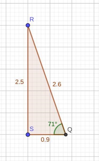 In ΔQRS, the measure of ∠S=90°, the measure of ∠Q=71°, and RS = 2.5 feet. Find the-example-1