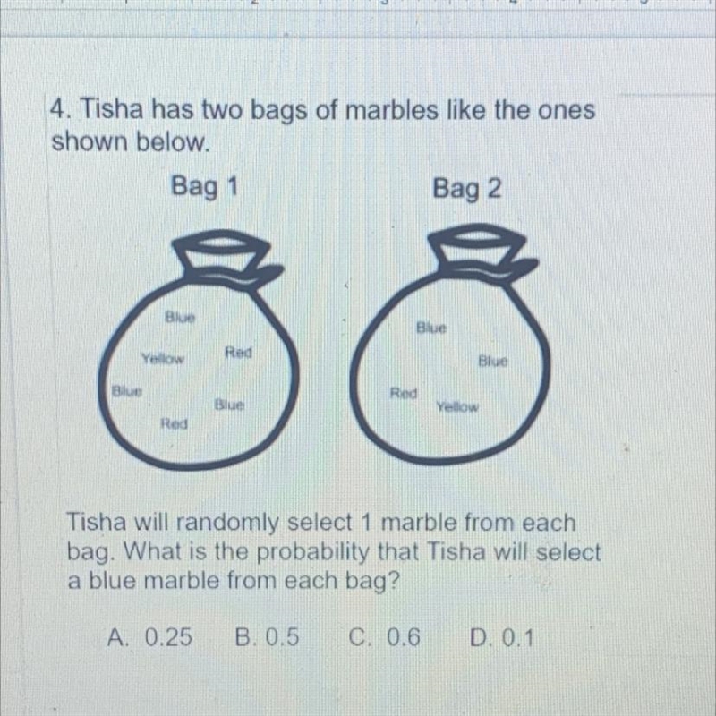 4. Tisha has two bags of marbles like the ones shown below. Bag 1 Bag 2 Blue Blue-example-1