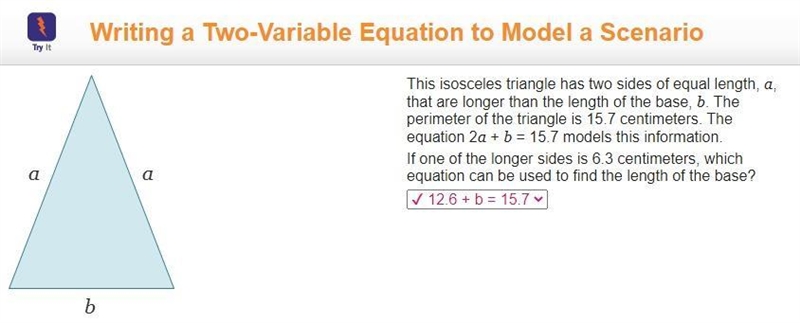 This isosceles triangle has two sides of equal length, a, that are longer than the-example-1