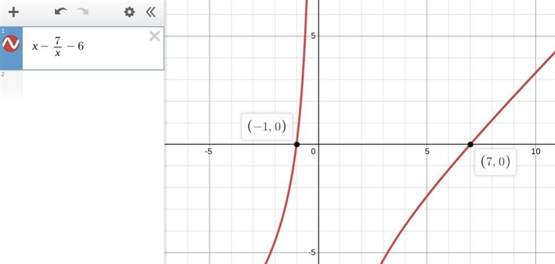 What are the solutions to the equation x-7/x=6? х O x= -7 and x = 1 O x=-6 and x = -1 O-example-1