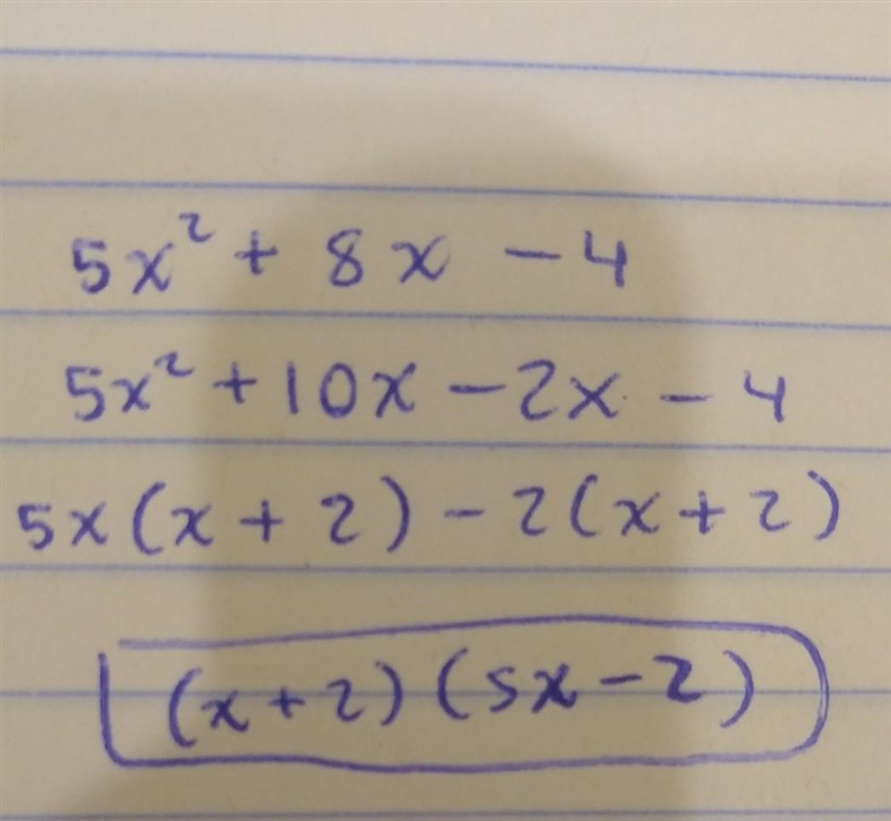 Which factors can be multiplied together to make the trinomial 5x^2 +8x-4?-example-1