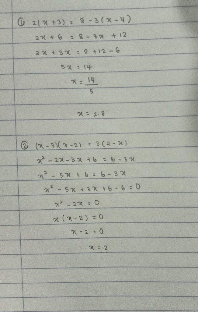 Please solve: 2(X+3)=8-3(x-4) x-3(x-2)=3(2-x) question from equation and inequality-example-1