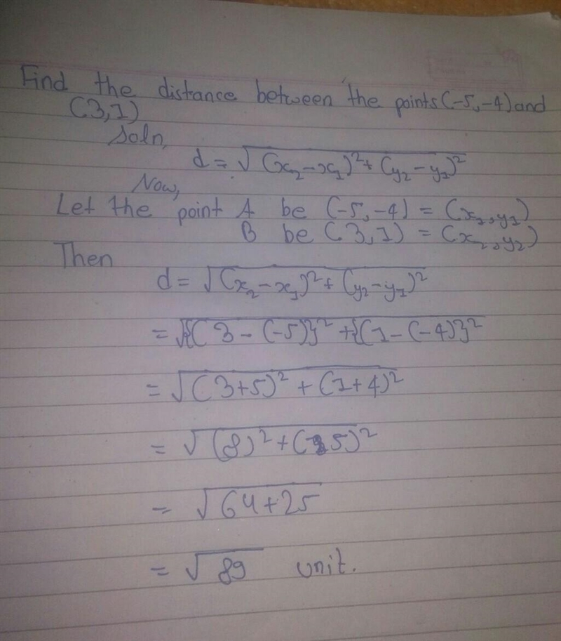 Find the distance between the points (-5, -4) and (3, 1). On a coordinate plane, points-example-1