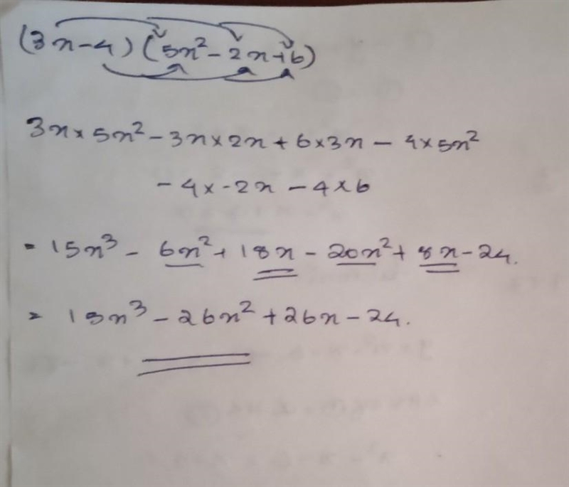 What is product of 3x-4 an 5x^2-2x+6 help me please, please, please-example-1