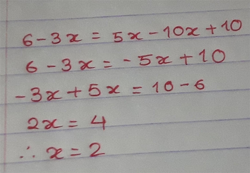 6- 3x = 5x-10x + 10 Solve for x-example-1