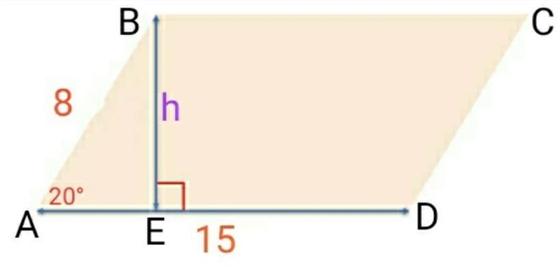 In parallelogram ABCD, base AD is 15 and side AB is 8. What are the height and area-example-1