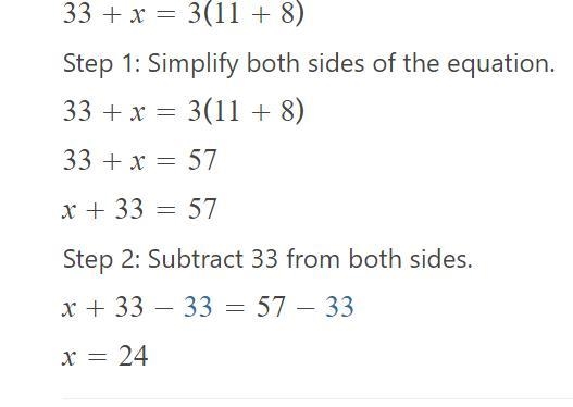 Fill in the blank to complete the equation below. 33 +?= 3(11 + 8)-example-1