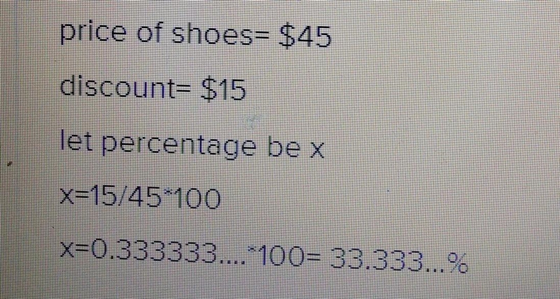 A woman buys a pair of shoes at a sale. She pays $45, saving $15 on the normal price-example-1