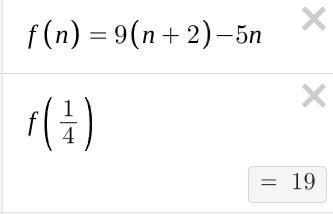 What is the value of 9 (n + 2) - 5n when n =1/4​-example-1