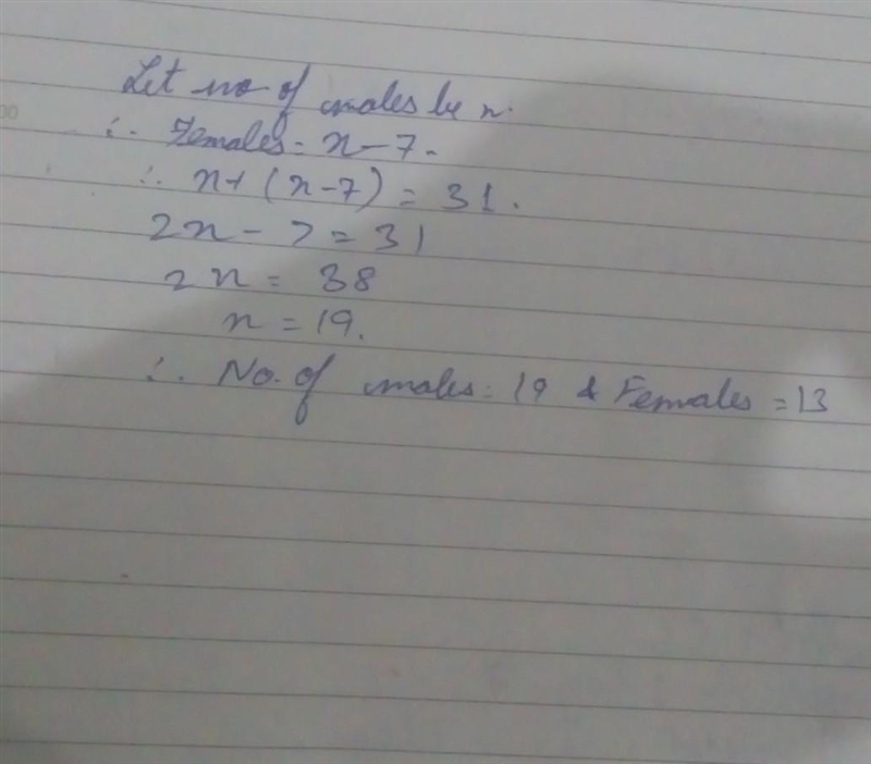 A math class has a total of 31 students. The number of females is seven less than-example-1