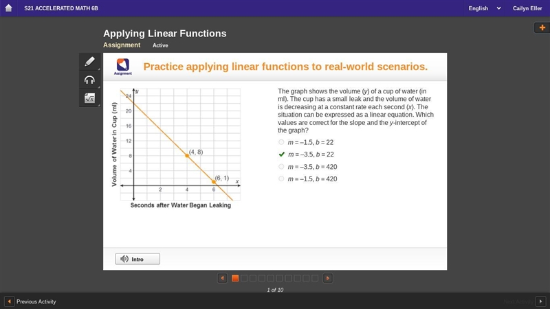 A graph has seconds after water began leaking on the x-axis, and volume of water in-example-1