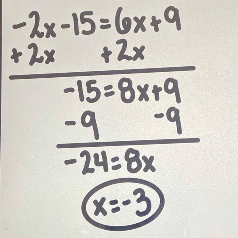 Solve −2x − 15 = 6x + 9. (1 point) Question 5 options: 1) 3 2) −3 3) −1 4) 6-example-1