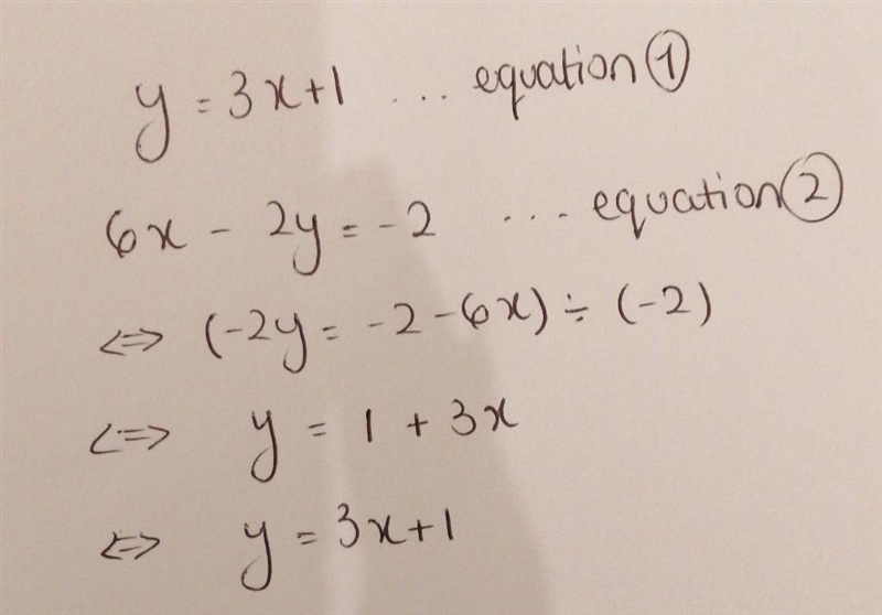 7. How many solutions does the given system have? y = 3x + 1 6x - 2y = -2 A. one solution-example-1