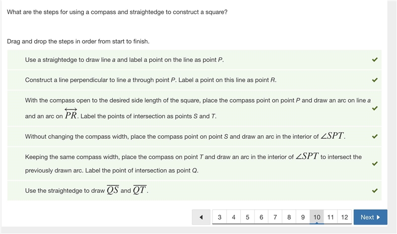 What are the steps for using a compass and straightedge to construct a square? Drag-example-1