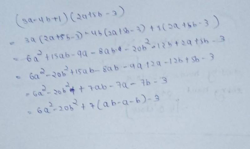 What is the product of (3a - 4b + 1) and (2a + 5b - 3)?-example-1