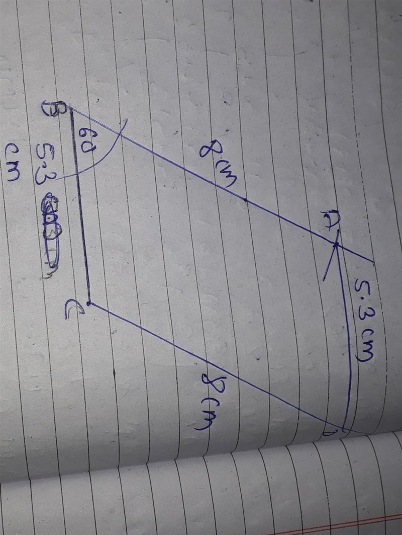 Construct parallel gram ABCD in which AB=8cm,BC=5.3cm and ABC=60​-example-1