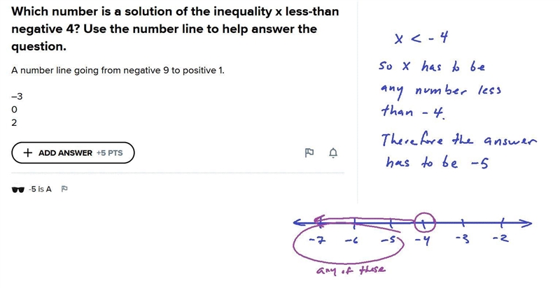 Which number is a solution of the inequality x less-than negative 4? Use the number-example-1