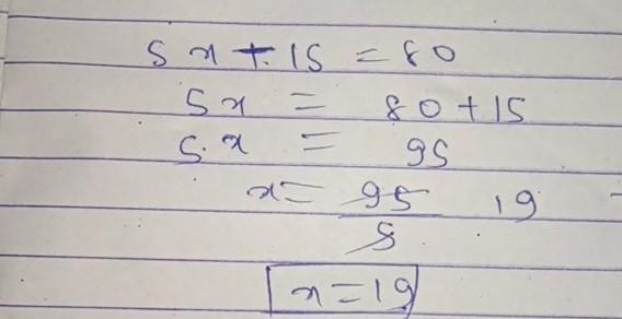 State the type of angles and solve for the given variable, 80° (5x-15) Alternate Interior-example-1