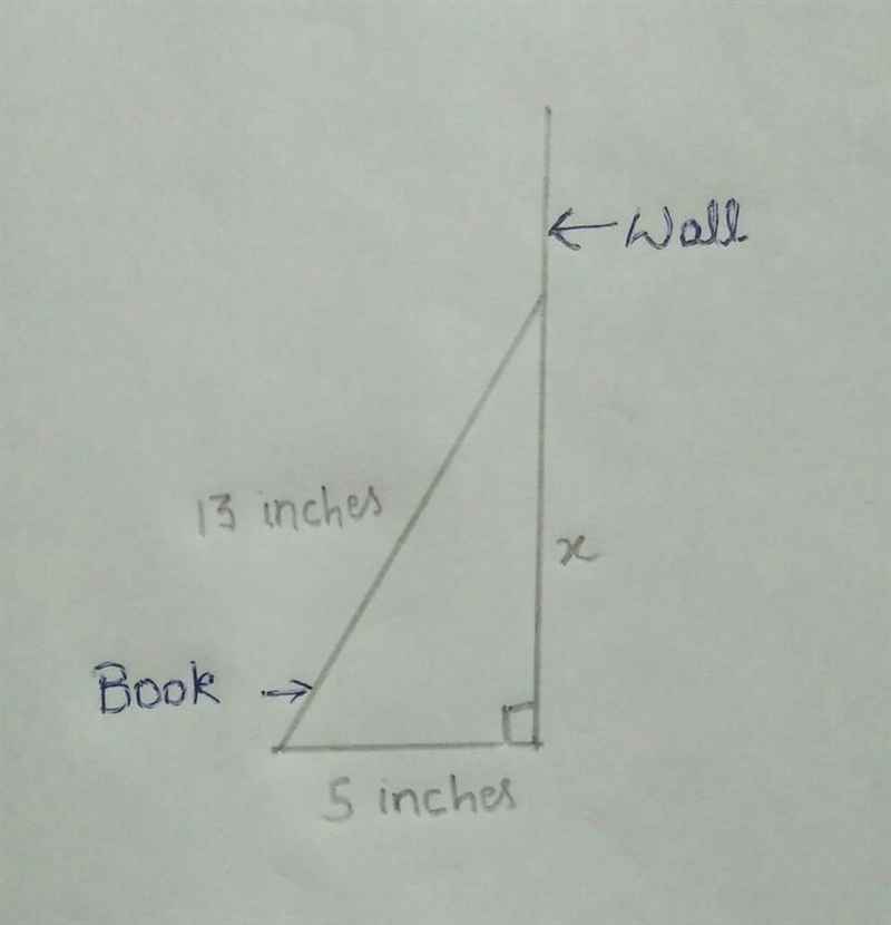 A book that is 13 inches tall is leaning against the edge of a wall. If the bottom-example-1