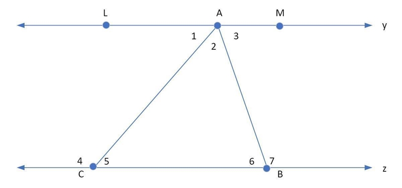 Given: y || 2 Prove: m5+ m2+ m6 = 180° L A M 1 1 23 y 4 5 6 7 z С B-example-1