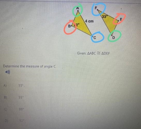 PLEASE HELP!! GEOMETRY Determine the measure of angle C A) 33° B) 55° C) 88° D) 92°-example-1