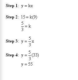 If y varies directly as x, and x=9 when y=15, find y when x=33-example-1