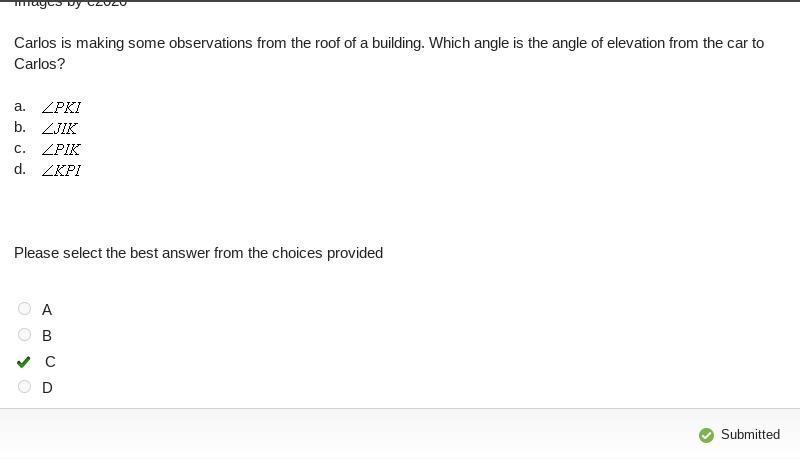 Carlos is making some observations from the roof of a building. Which angle is the-example-1